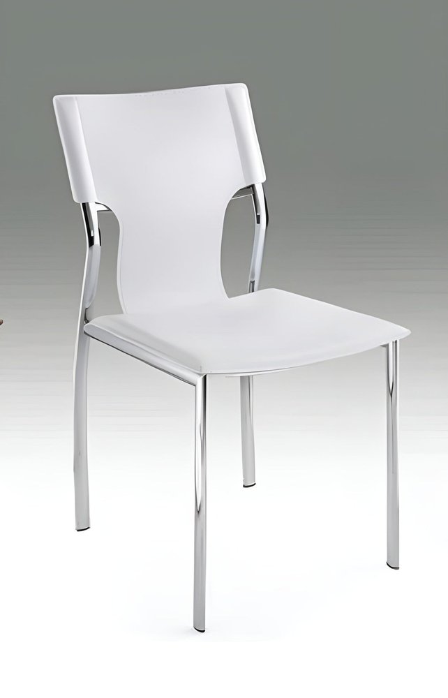 Set of Four White and Silver Metal and Leather Dining Side Chairs