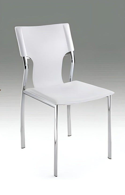 Set of Four White and Silver Metal and Leather Dining Side Chairs