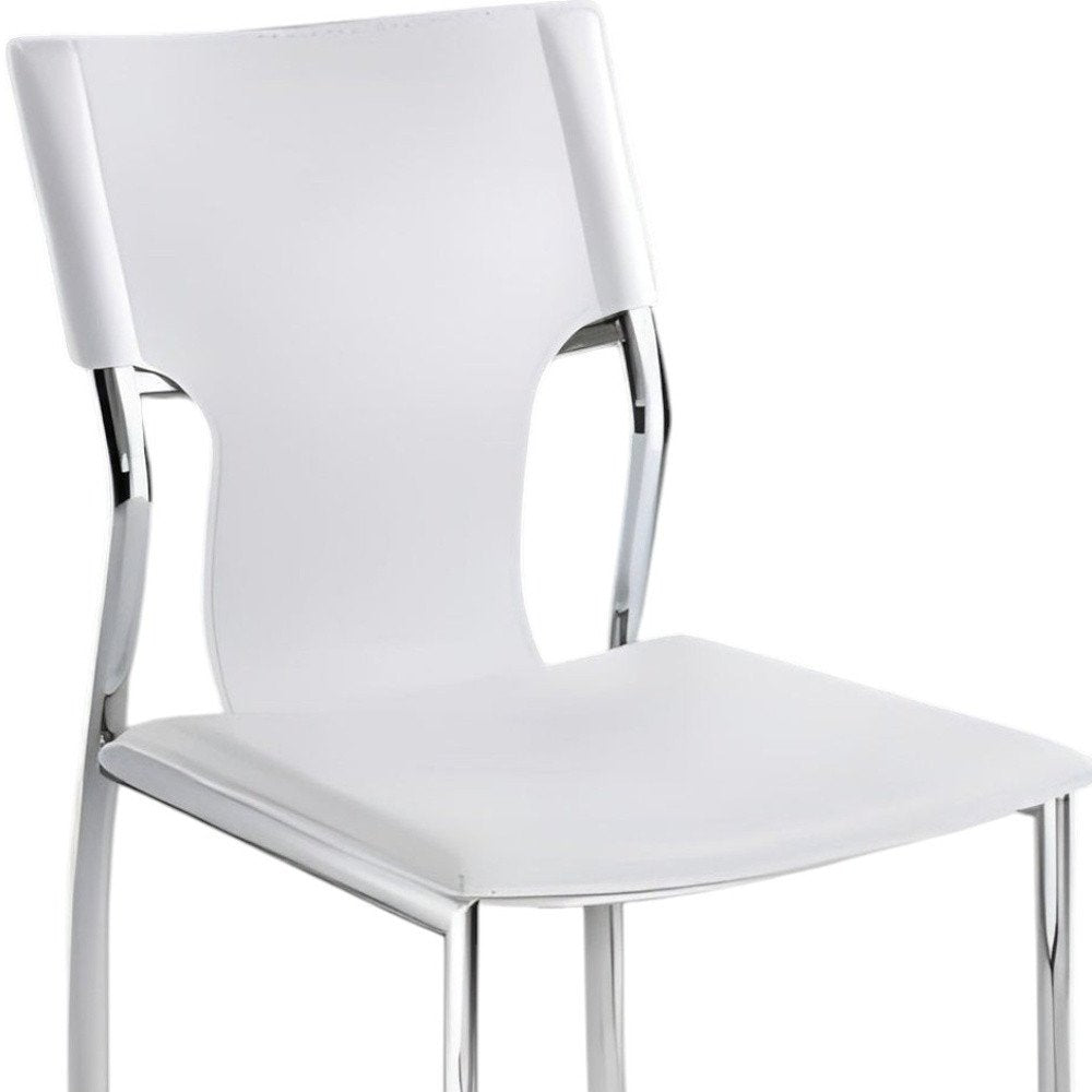 Set of Four White and Silver Metal and Leather Dining Side Chairs