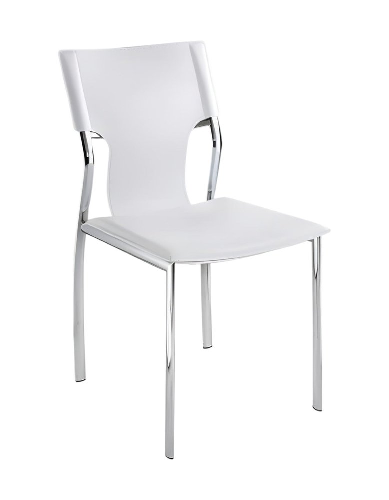 Set of Four White and Silver Metal and Leather Dining Side Chairs
