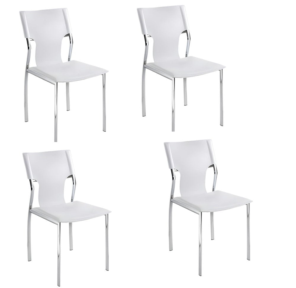 Set of Four White and Silver Metal and Leather Dining Side Chairs