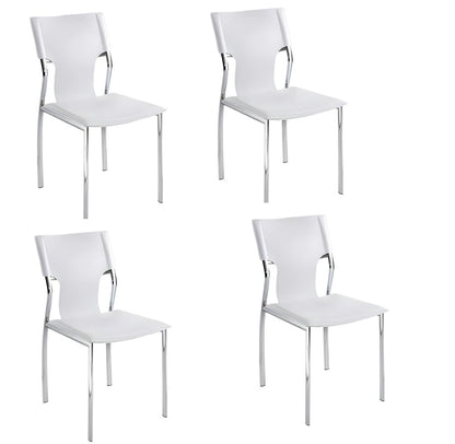 Set of Four White and Silver Metal and Leather Dining Side Chairs