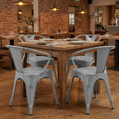 Set of Four Gray Metal Partially Open Back Dining Arm Chairs