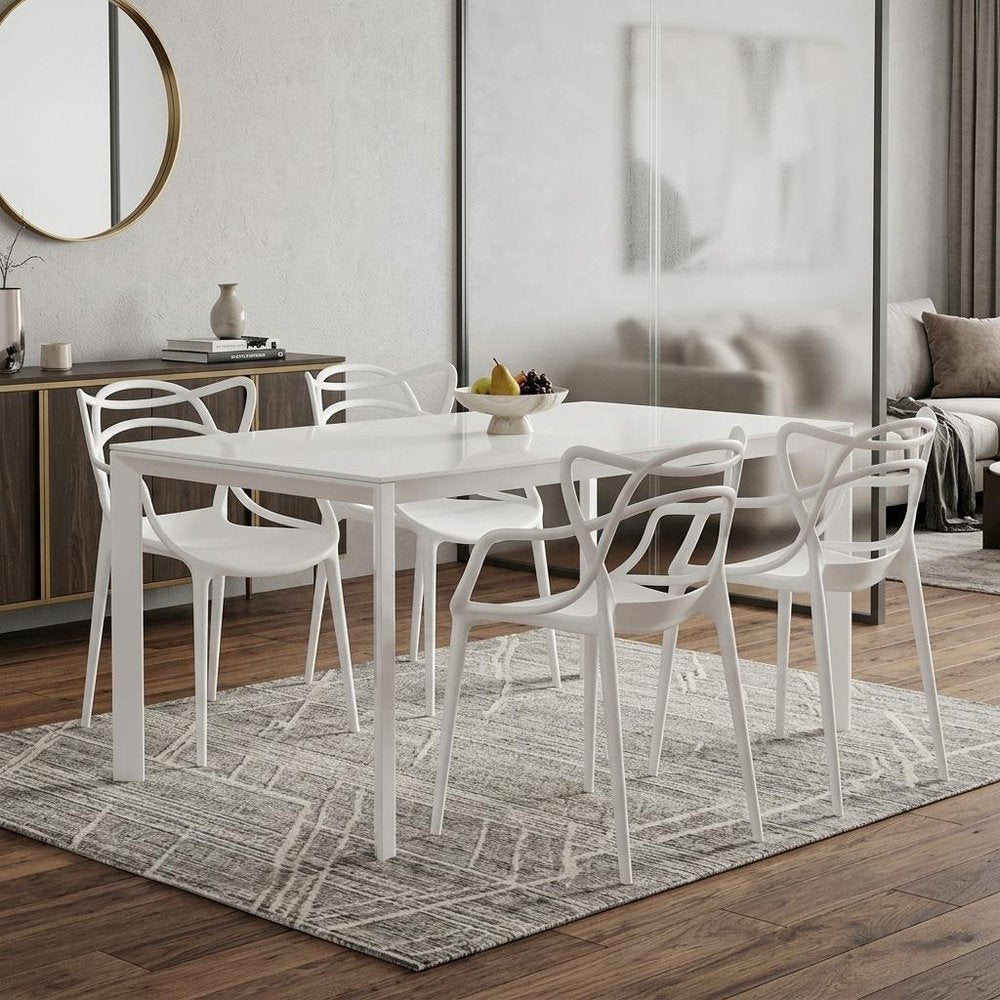 Set of Four White Heavy Duty Plastic Open Back Dining Arm Chairs