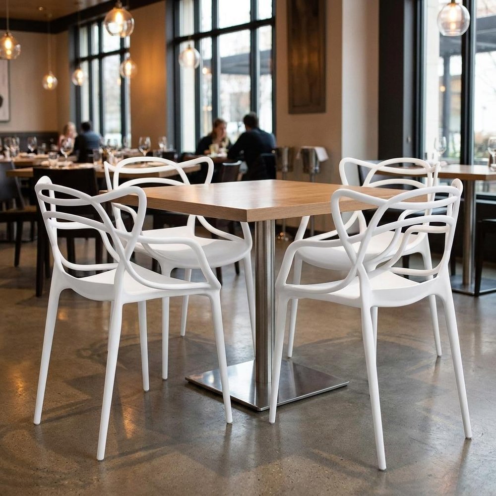 Set of Four White Heavy Duty Plastic Open Back Dining Arm Chairs