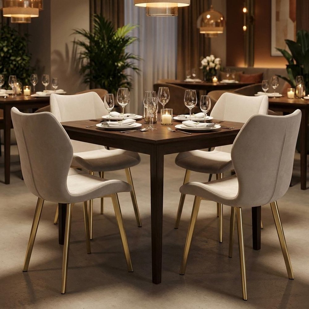 Set of Four Cream And Gold Fabric And Velvet And Metal Dining Side Chairs