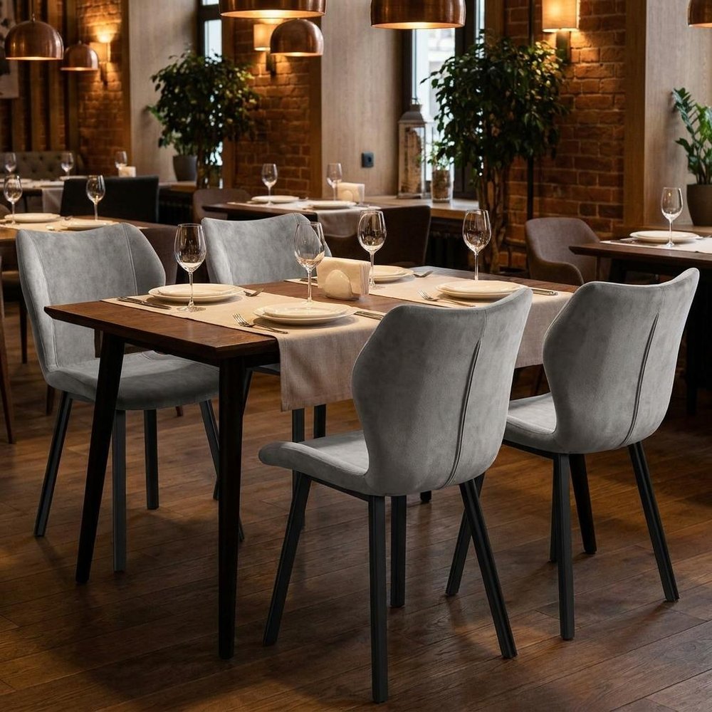 Set of Four Gray And Black Fabric And Velvet And Metal Dining Side Chairs