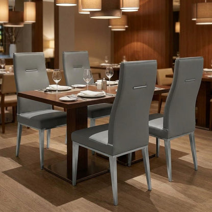 Set of Four Dark Gray And Silver Faux Leather And Wood Dining Side Chairs