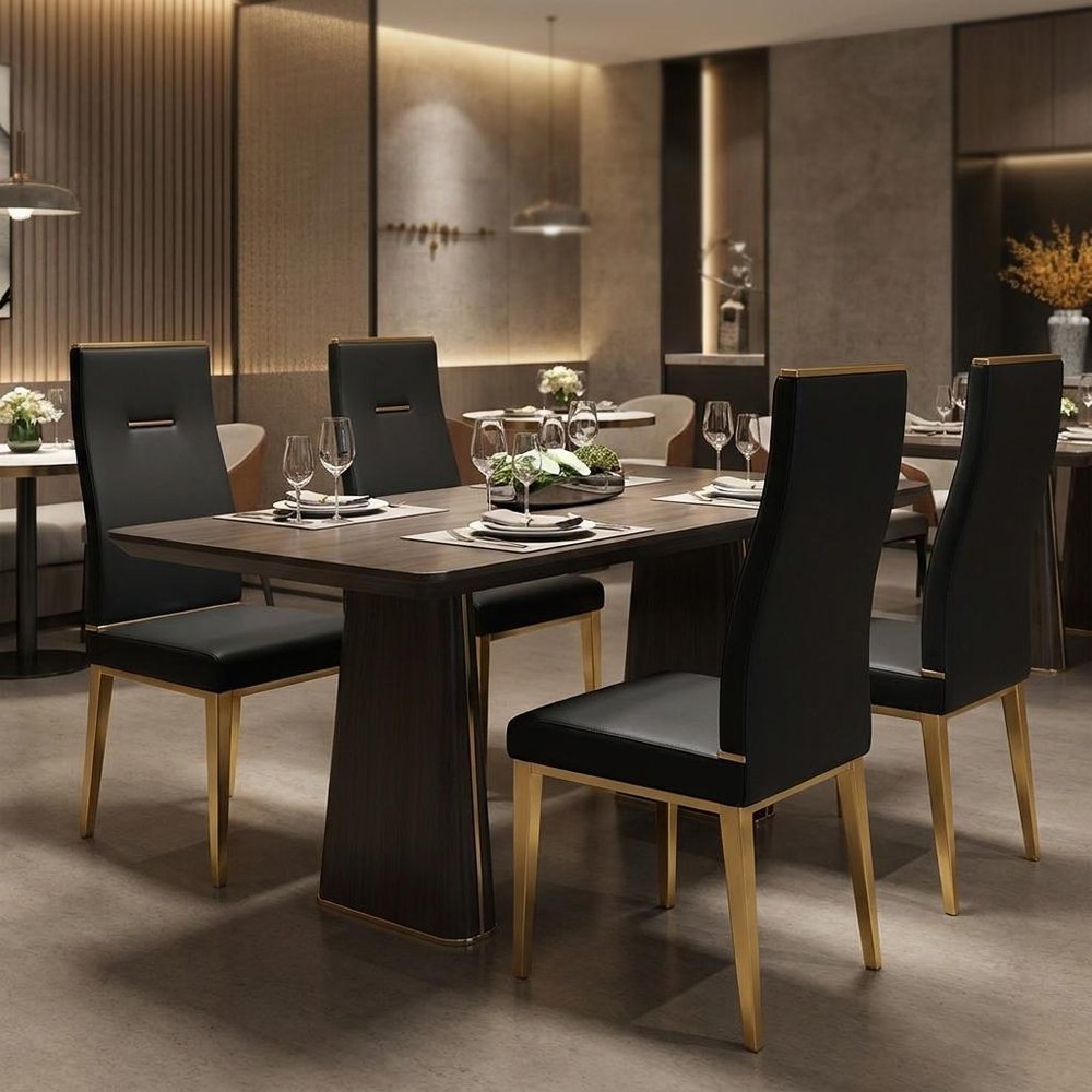 Set of Four Black and Gold Upholstered Faux Leather Dining Side Chairs
