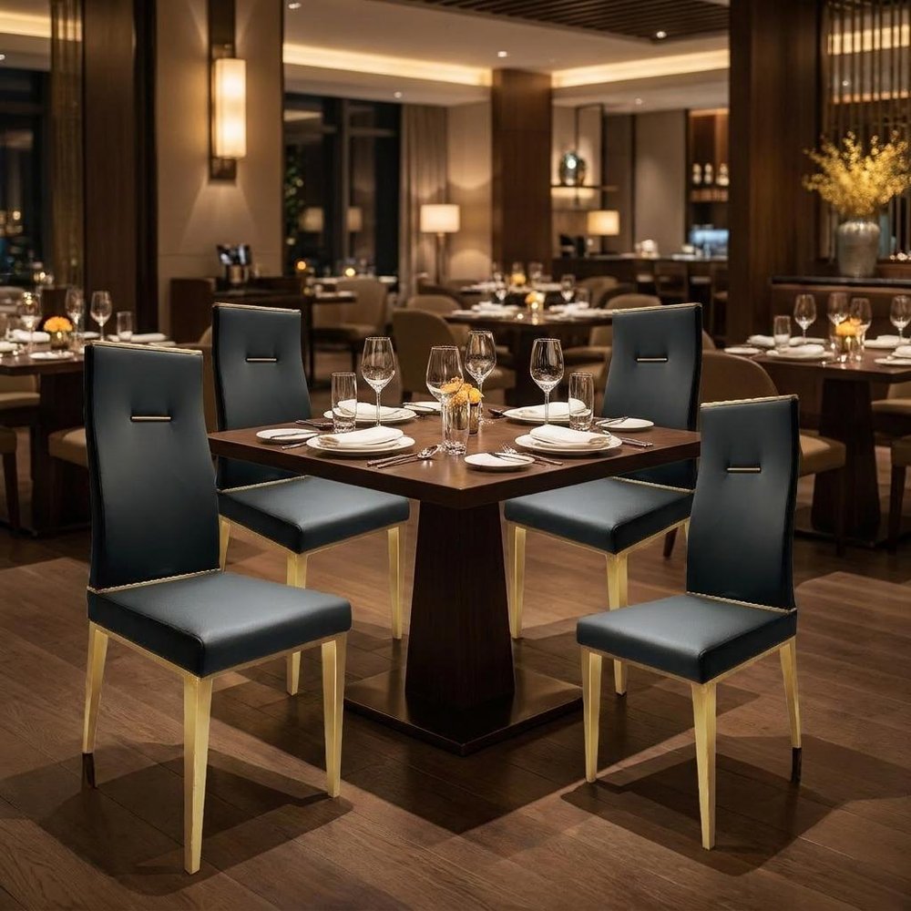 Set of Four Black and Gold Upholstered Faux Leather Dining Side Chairs