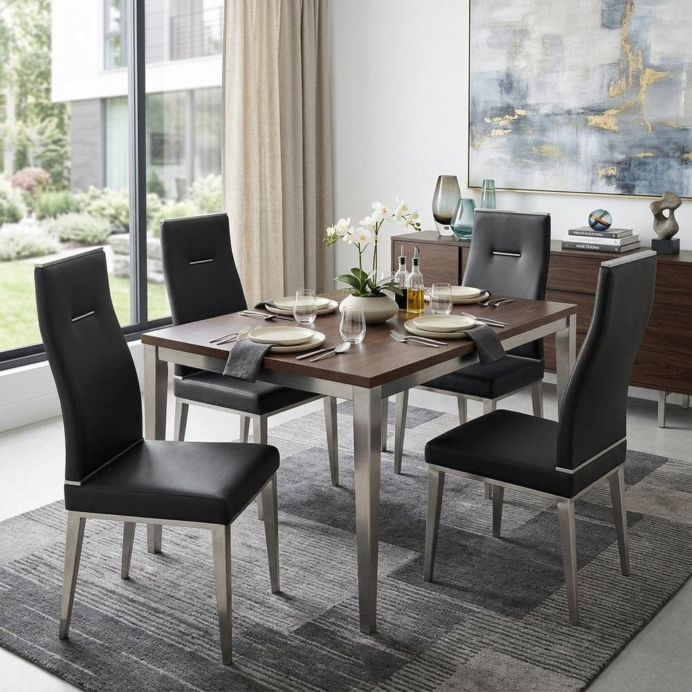 Set of Four Black And Silver Faux Leather And Stainless Steel Dining Side Chairs