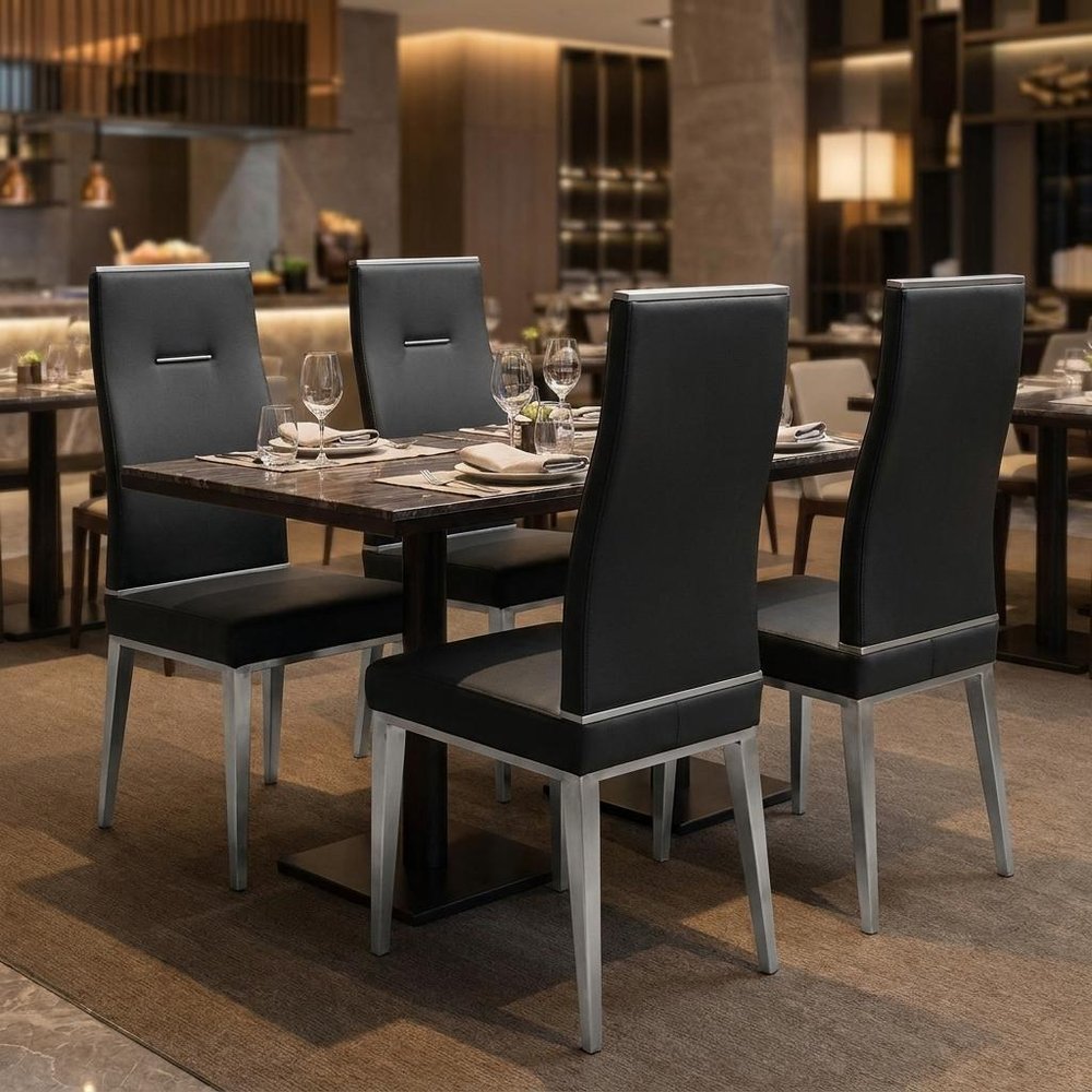 Set of Four Black And Silver Faux Leather And Stainless Steel Dining Side Chairs