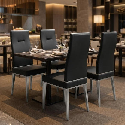 Set of Four Black And Silver Faux Leather And Stainless Steel Dining Side Chairs