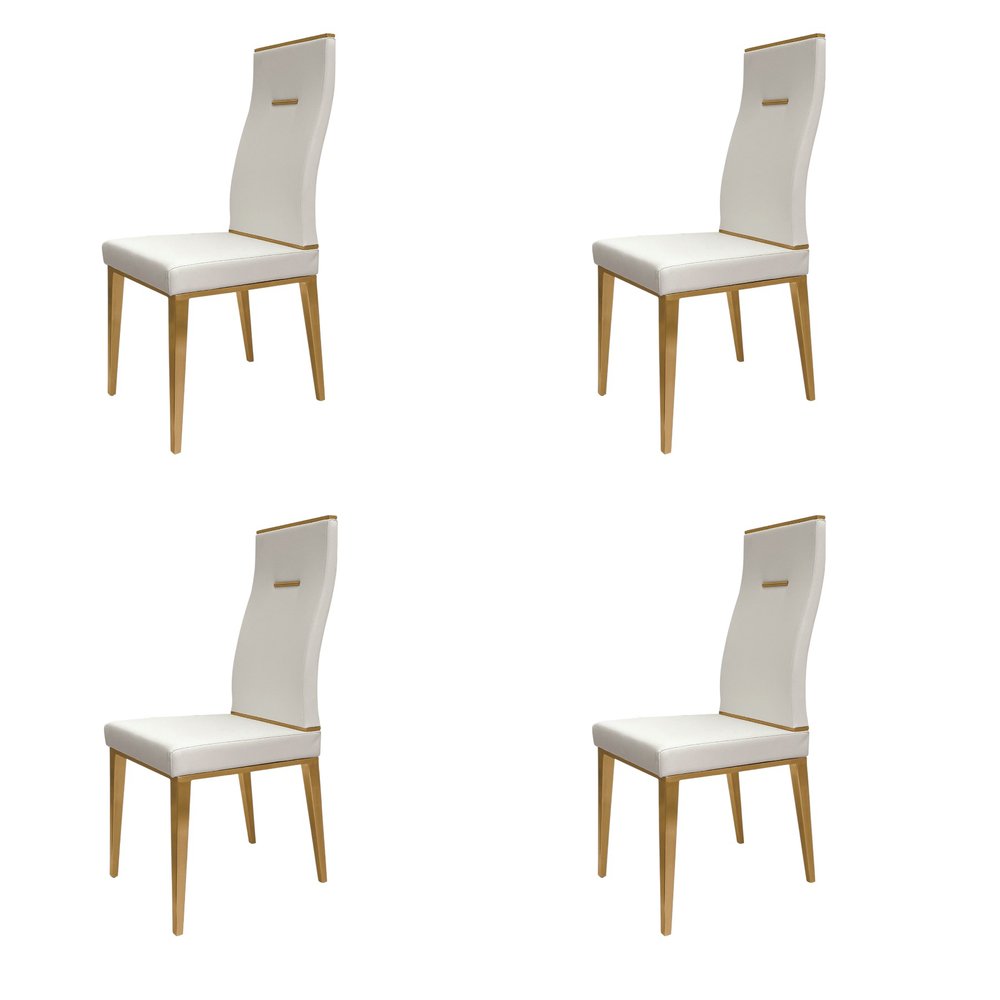 Set of Four White And Gold Faux Leather And Stainless Steel Dining Side Chairs