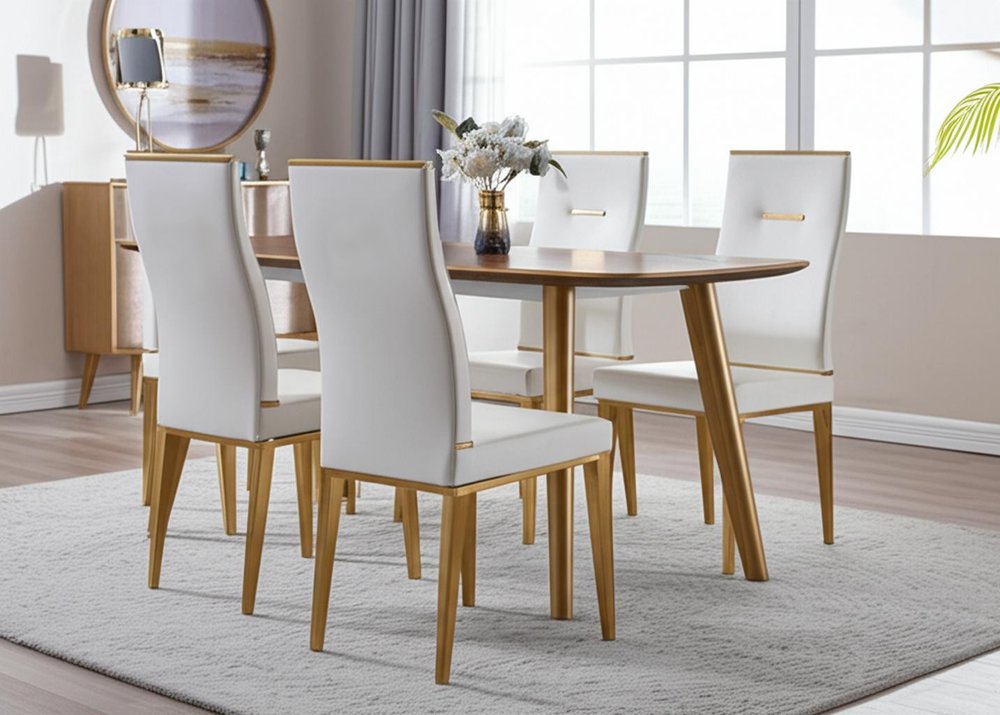 Set of Four White And Gold Faux Leather And Stainless Steel Dining Side Chairs