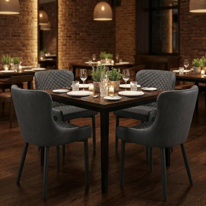 Set of Four Dark Gray And Black Tufted Faux Leather And Metal Geometric Print Dining Side Chairs