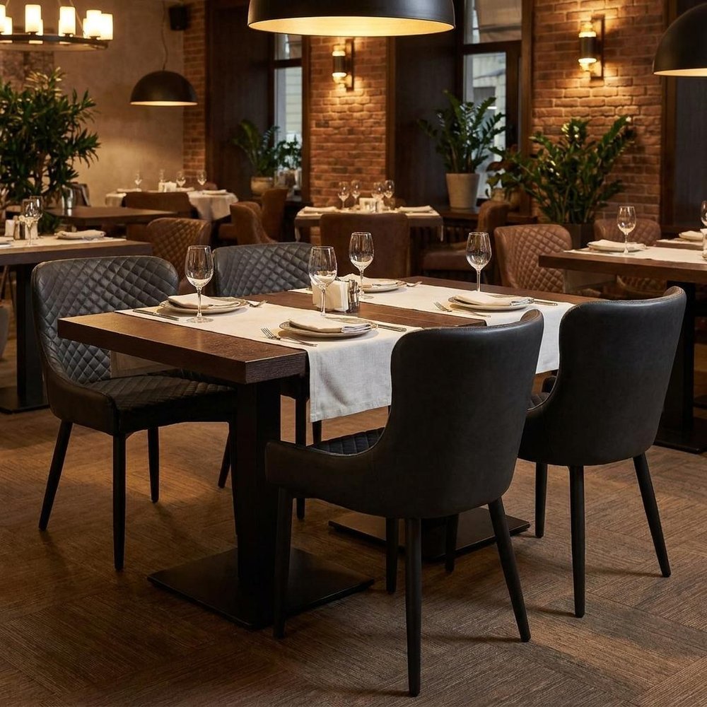 Set of Four Dark Gray And Black Tufted Faux Leather And Metal Geometric Print Dining Side Chairs