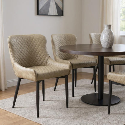 Set of Four Taupe And Black Tufted Faux Leather And Metal Geometric Print Dining Arm Chairs