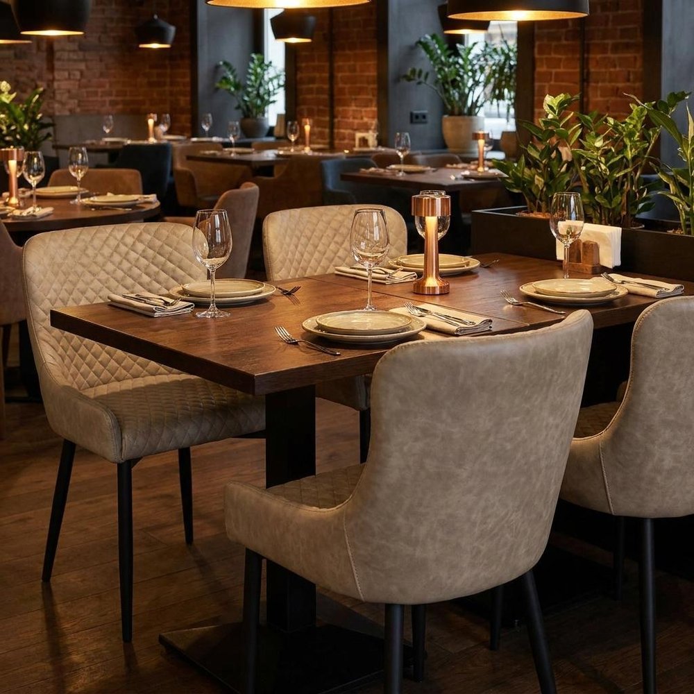 Set of Four Taupe And Black Tufted Faux Leather And Metal Geometric Print Dining Arm Chairs