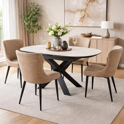 Set of Four Taupe And Black Tufted Faux Leather And Metal Geometric Print Dining Arm Chairs