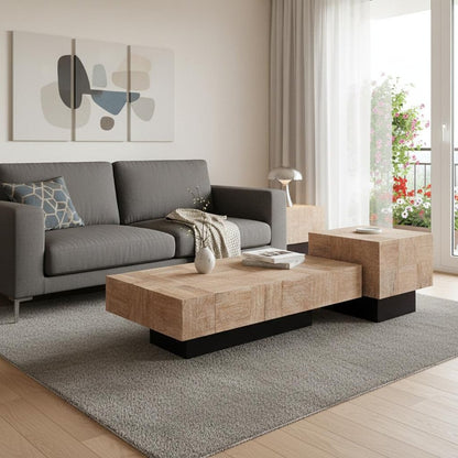 Set Of Two Natural and Brown Solid Wood Square Block Coffee Table