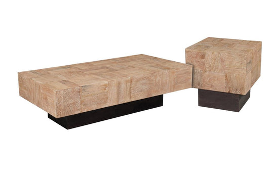 Set Of Two Natural and Brown Solid Wood Square Block Coffee Table