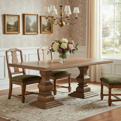 75" Brown Solid Wood Double Pedestal Base Dining Table