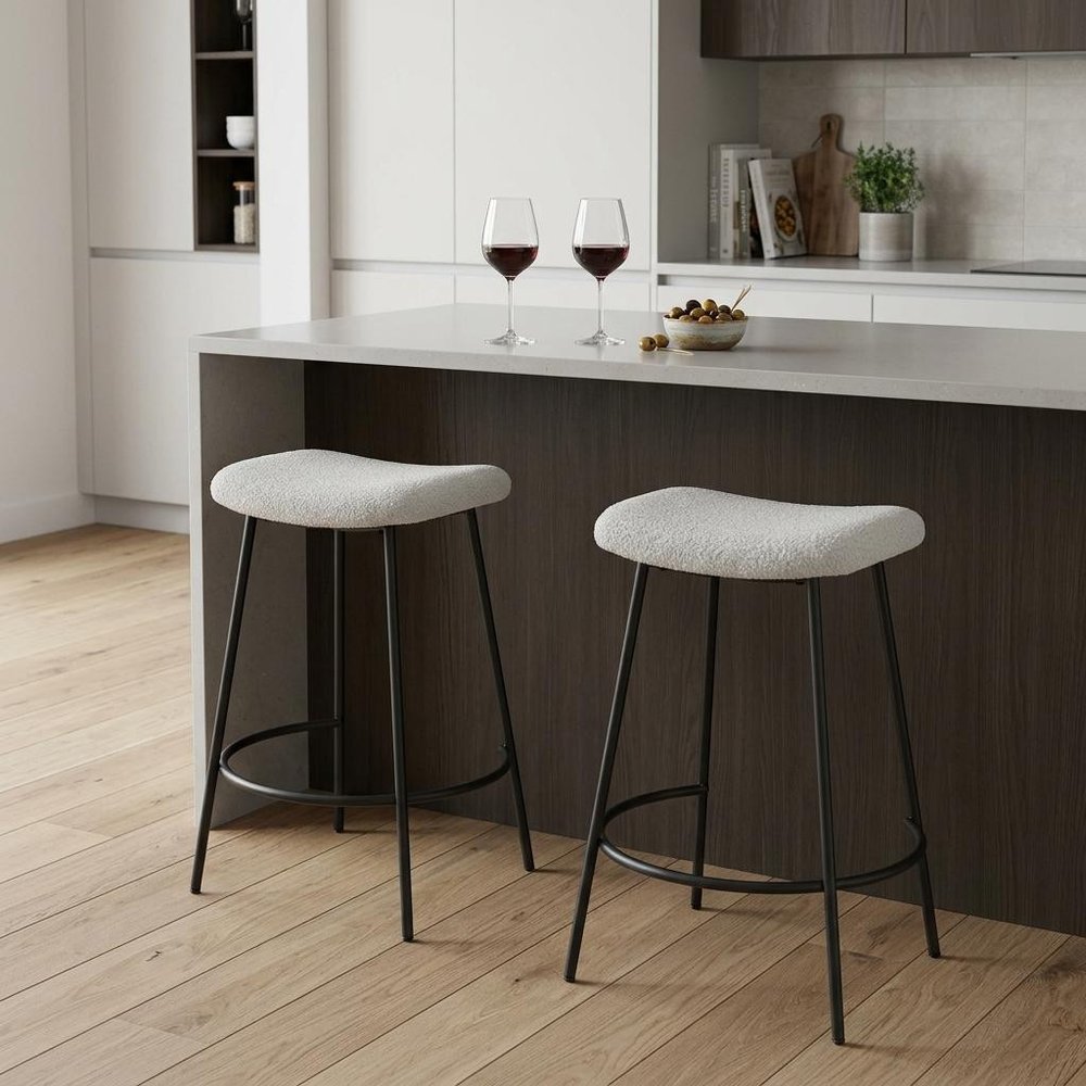 Set of Two 26" White And Black Fabric And Metal Backless Counter Height Bar Chairs