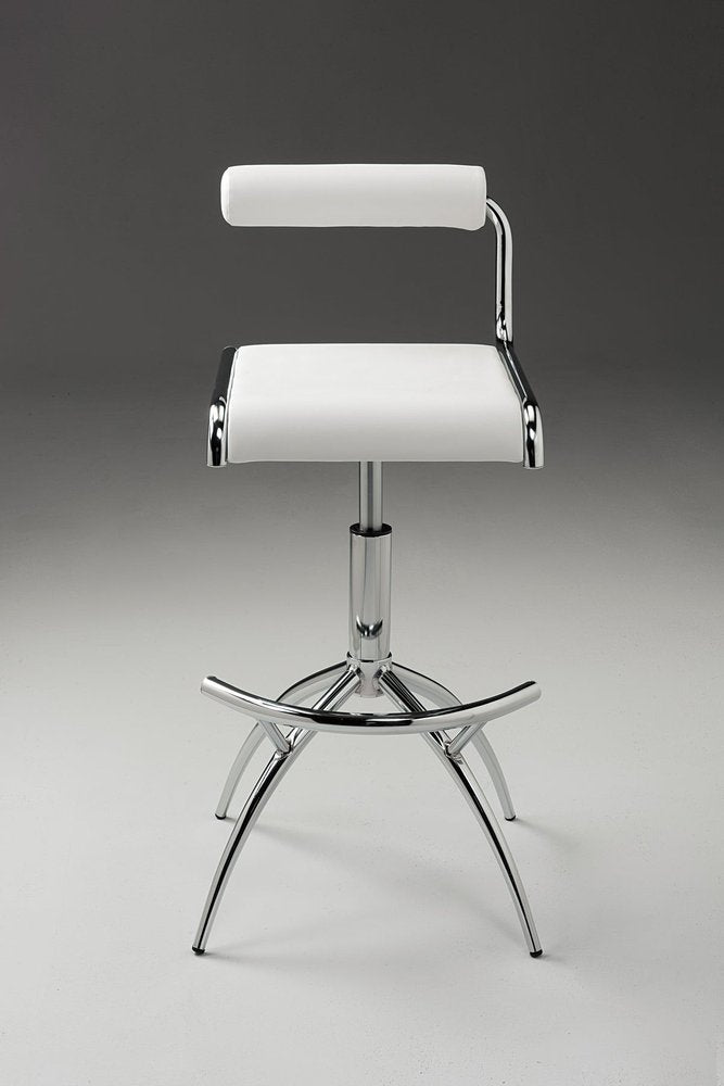 Set of Two White And Silver Faux Leather And Metal Low Back Adjustable Height Bar Chairs