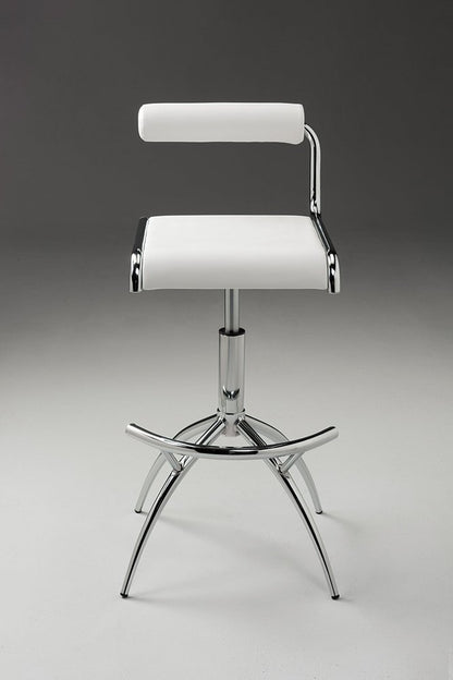 Set of Two White And Silver Faux Leather And Metal Low Back Adjustable Height Bar Chairs