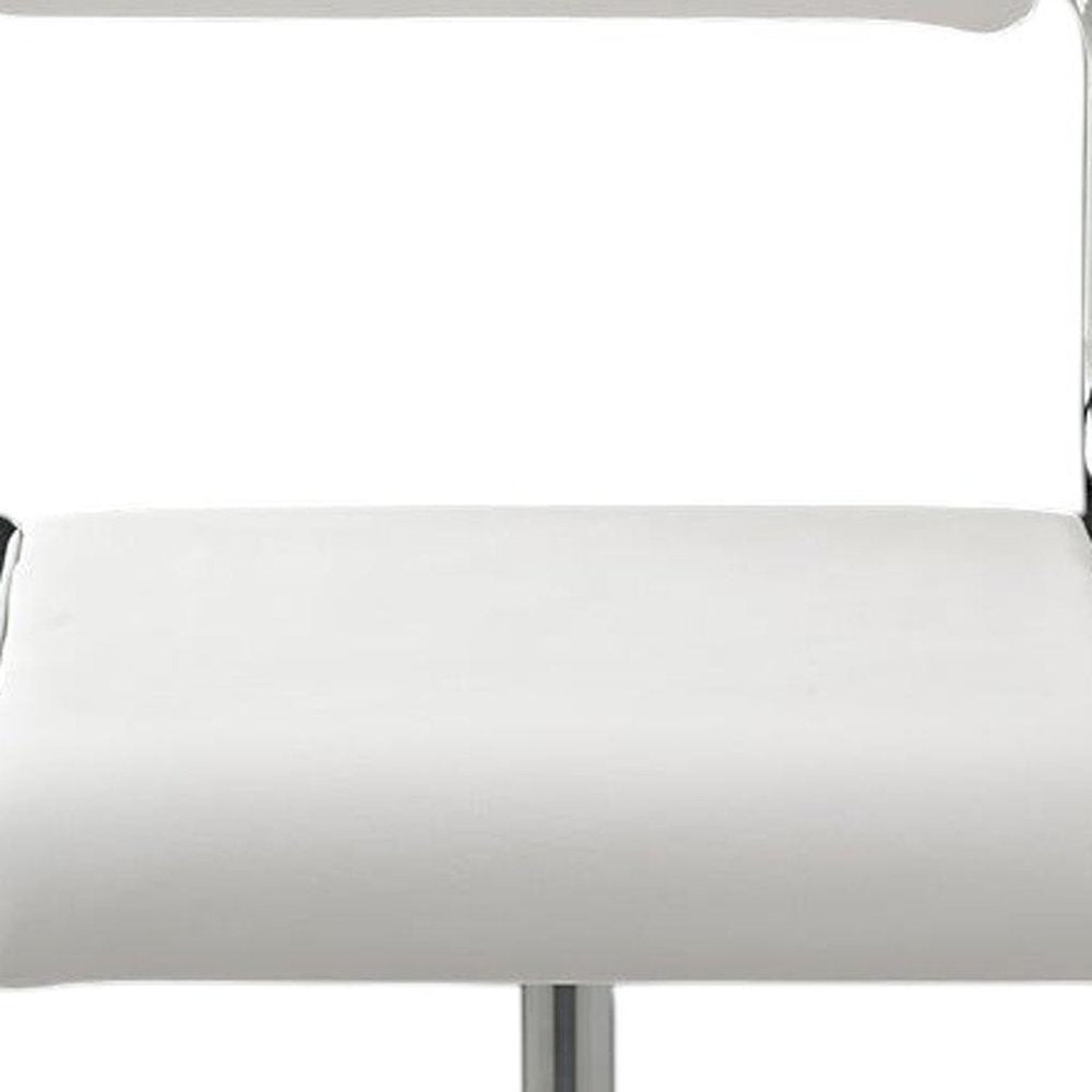 Set of Two White And Silver Faux Leather And Metal Low Back Adjustable Height Bar Chairs
