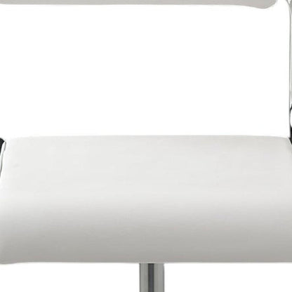 Set of Two White And Silver Faux Leather And Metal Low Back Adjustable Height Bar Chairs