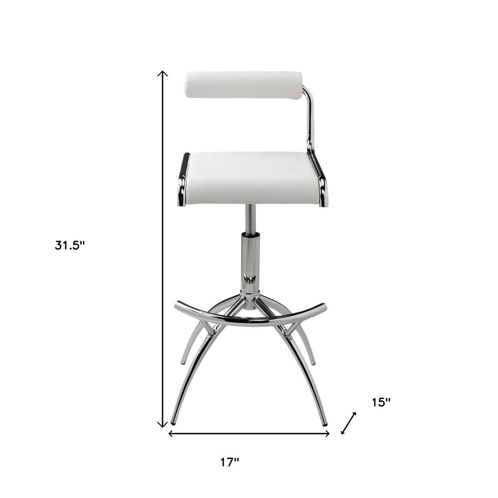 Set of Two White And Silver Faux Leather And Metal Low Back Adjustable Height Bar Chairs