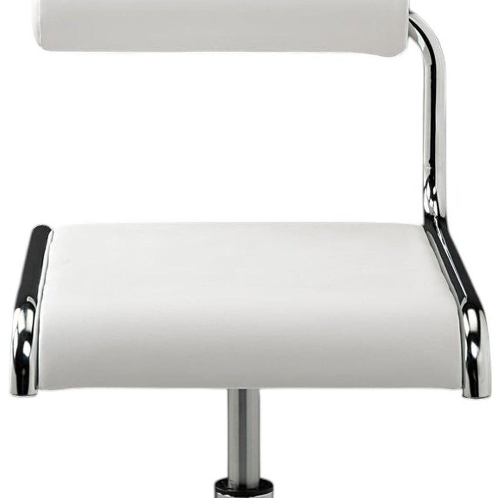 Set of Two White And Silver Faux Leather And Metal Low Back Adjustable Height Bar Chairs