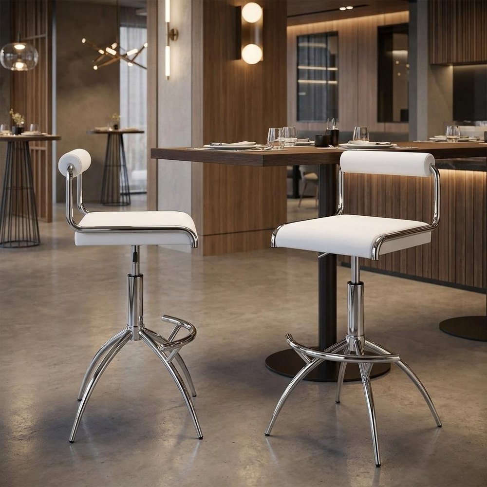 Set of Two White And Silver Faux Leather And Metal Low Back Adjustable Height Bar Chairs
