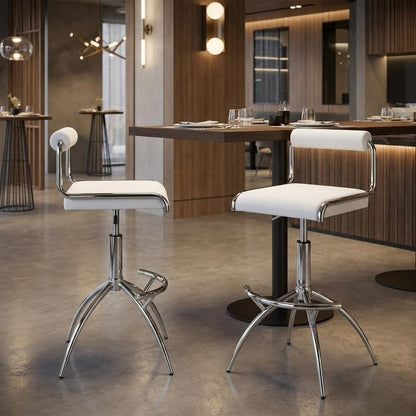 Set of Two White And Silver Faux Leather And Metal Low Back Adjustable Height Bar Chairs