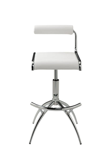 Set of Two White And Silver Faux Leather And Metal Low Back Adjustable Height Bar Chairs