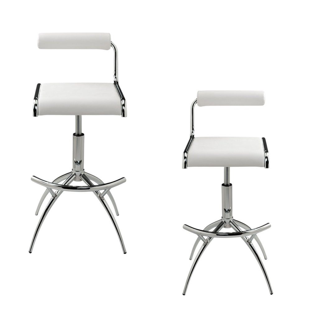Set of Two White And Silver Faux Leather And Metal Low Back Adjustable Height Bar Chairs