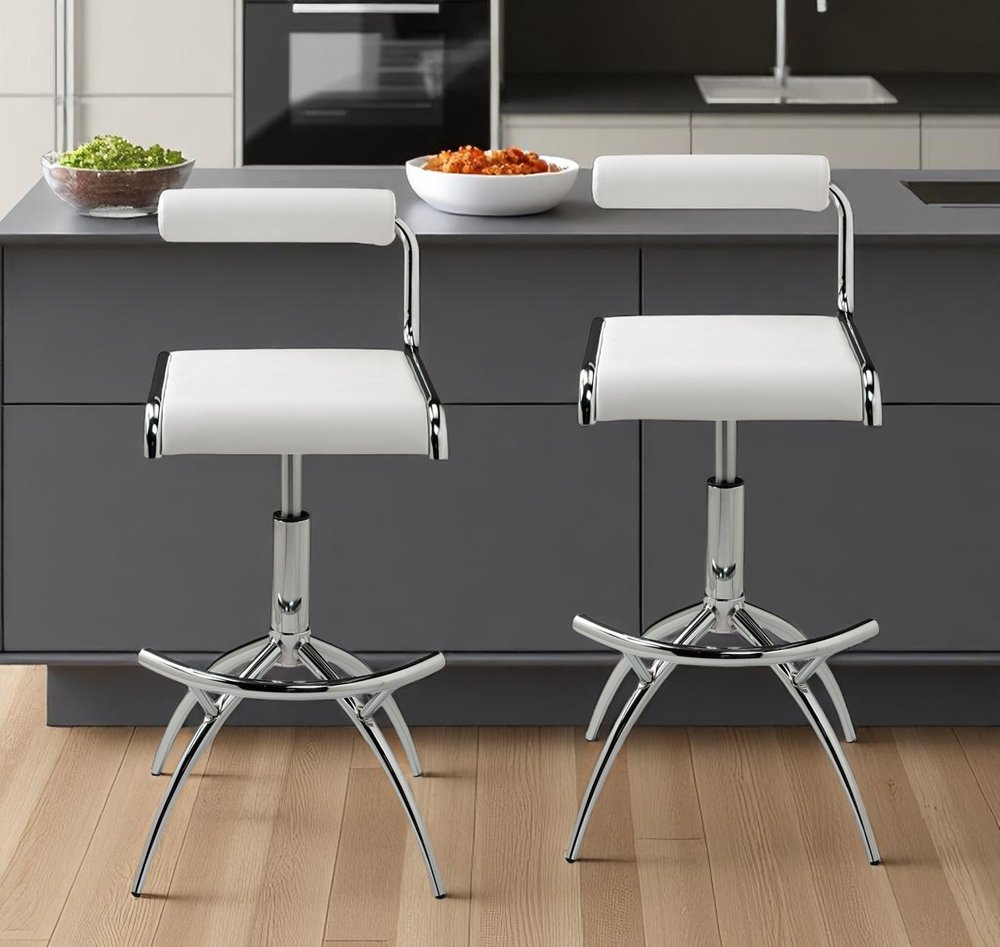 Set of Two White And Silver Faux Leather And Metal Low Back Adjustable Height Bar Chairs