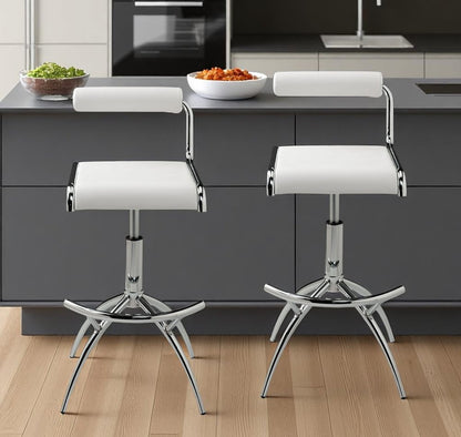 Set of Two White And Silver Faux Leather And Metal Low Back Adjustable Height Bar Chairs