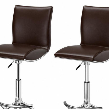 Set of Two Gray And Silver Faux Leather And Metal Low Back Adjustable Height Swivel Bar Chairs
