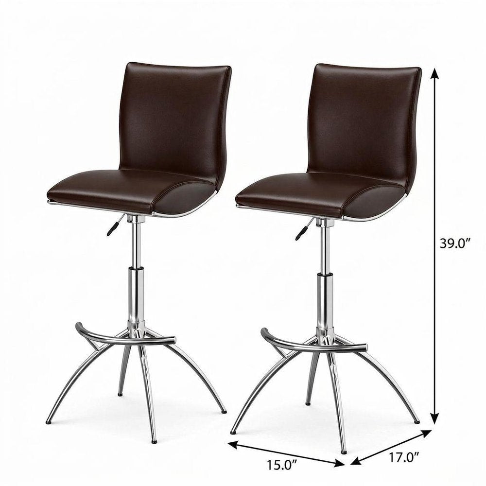 Set of Two Gray And Silver Faux Leather And Metal Low Back Adjustable Height Swivel Bar Chairs