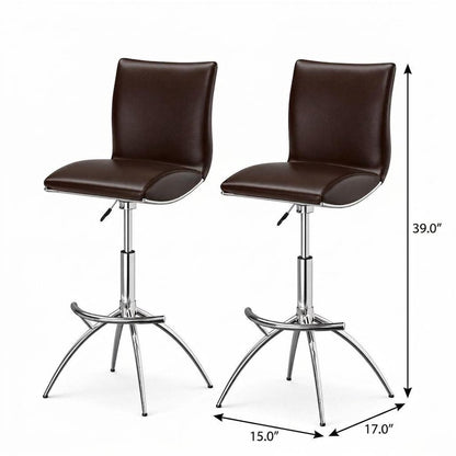 Set of Two Gray And Silver Faux Leather And Metal Low Back Adjustable Height Swivel Bar Chairs