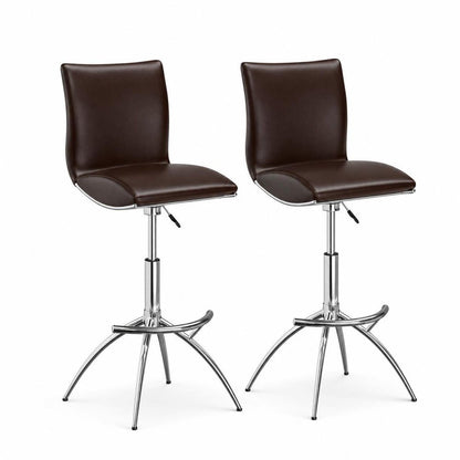 Set of Two Gray And Silver Faux Leather And Metal Low Back Adjustable Height Swivel Bar Chairs