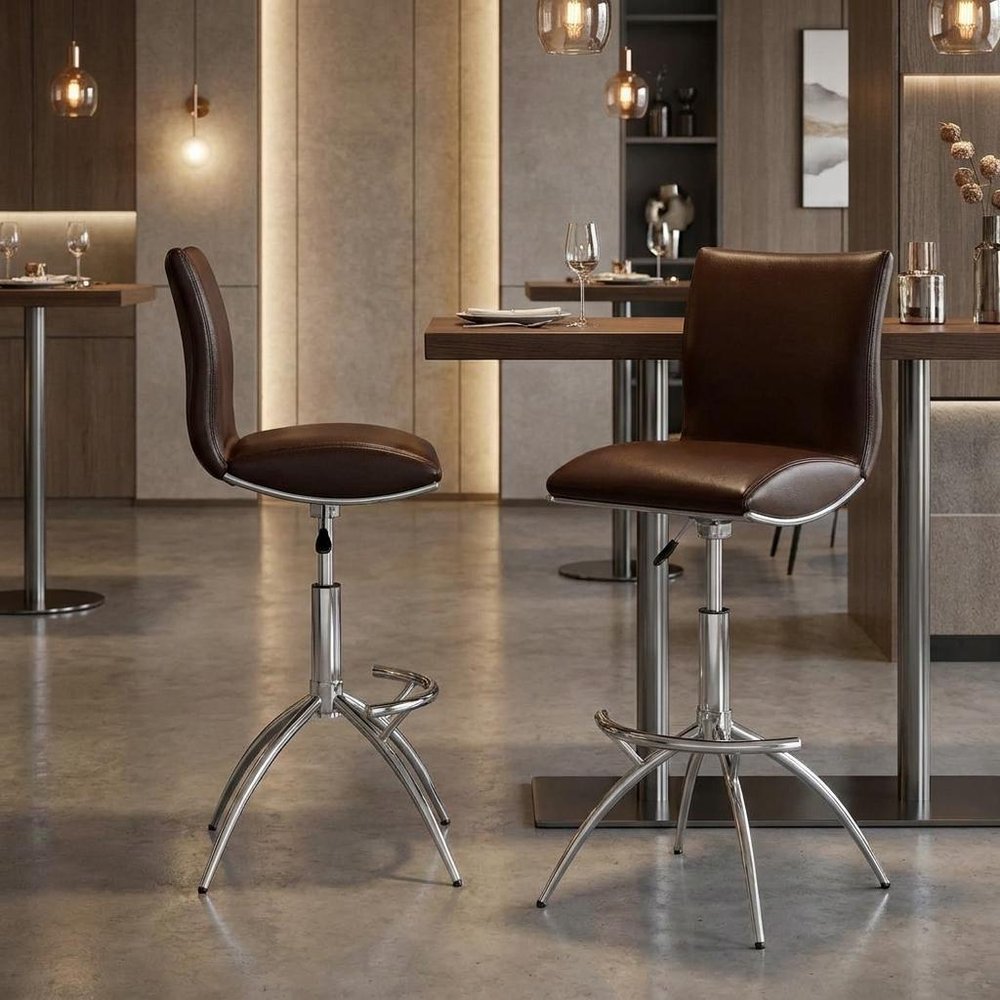 Set of Two Gray And Silver Faux Leather And Metal Low Back Adjustable Height Swivel Bar Chairs