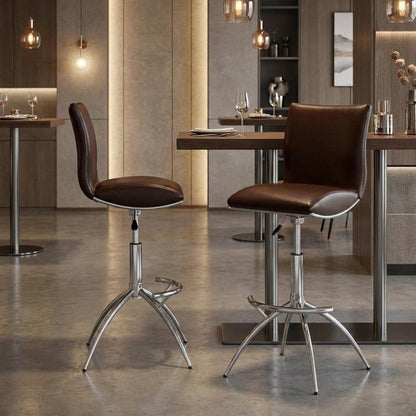 Set of Two Gray And Silver Faux Leather And Metal Low Back Adjustable Height Swivel Bar Chairs