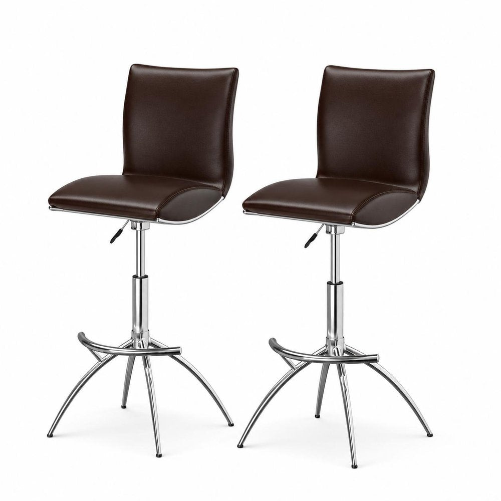 Set of Two Gray And Silver Faux Leather And Metal Low Back Adjustable Height Swivel Bar Chairs