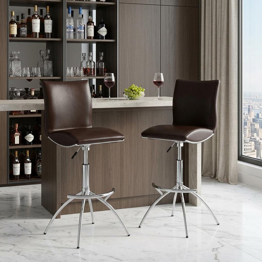 Set of Two Gray And Silver Faux Leather And Metal Low Back Adjustable Height Swivel Bar Chairs