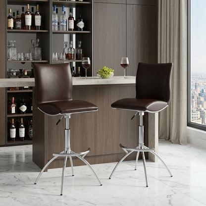 Set of Two Gray And Silver Faux Leather And Metal Low Back Adjustable Height Swivel Bar Chairs