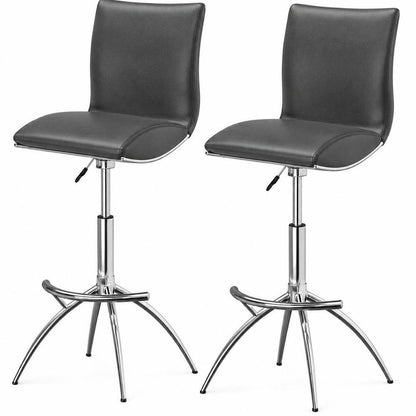 Set of Two Gray And Silver Faux Leather And Metal Low Back Adjustable Height Swivel Bar Chairs